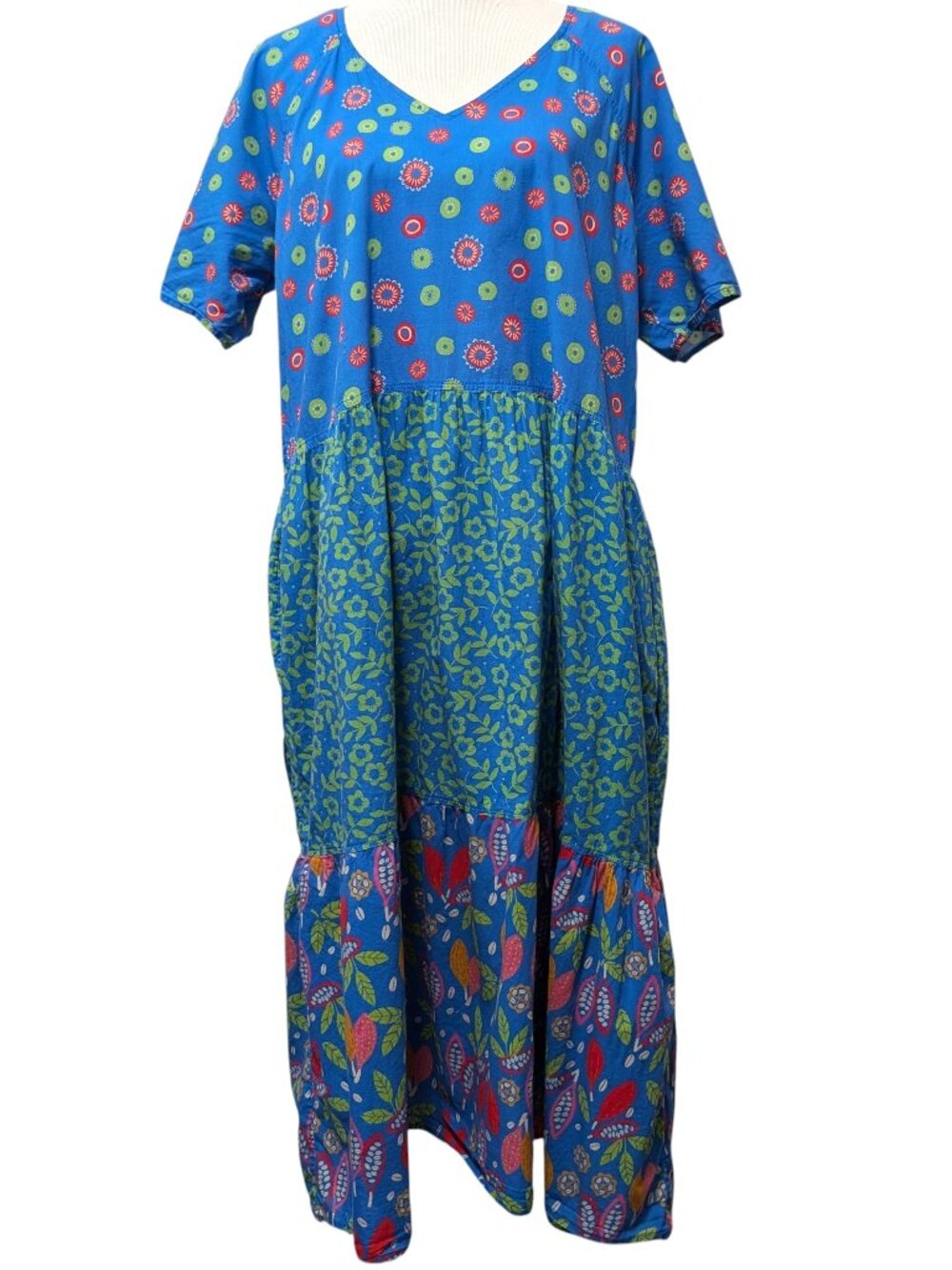 Gudrun Sjoden Womens Size L Blue Floral Geometric Tiered Cottage Lagenlook Dress